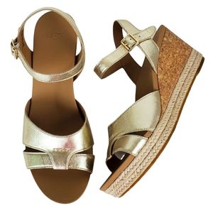 New Ugg womens cloverdale metallic leather gold espadrille wedge sandals